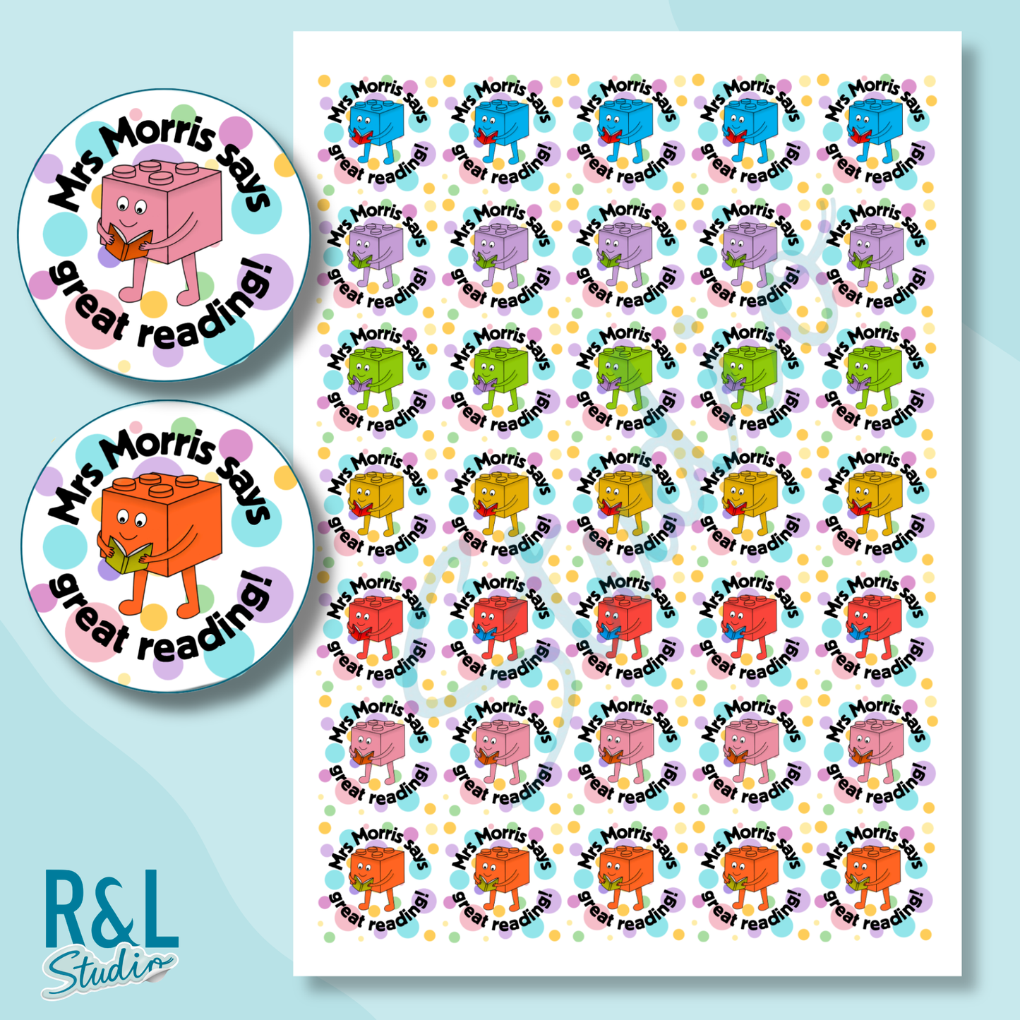 Personalised Building Brick Reading Teacher Stickers