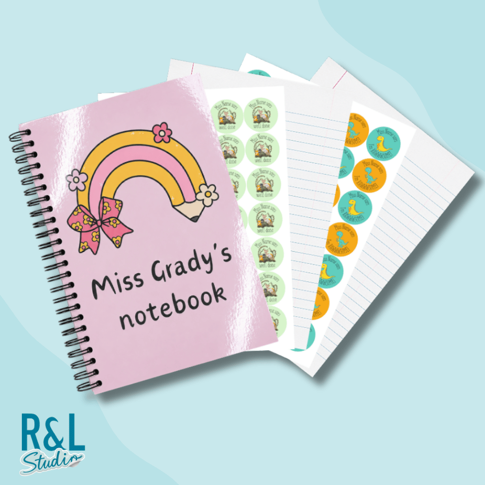 Personalised Rainbow Pencil Teacher Sticker Book & Notebook