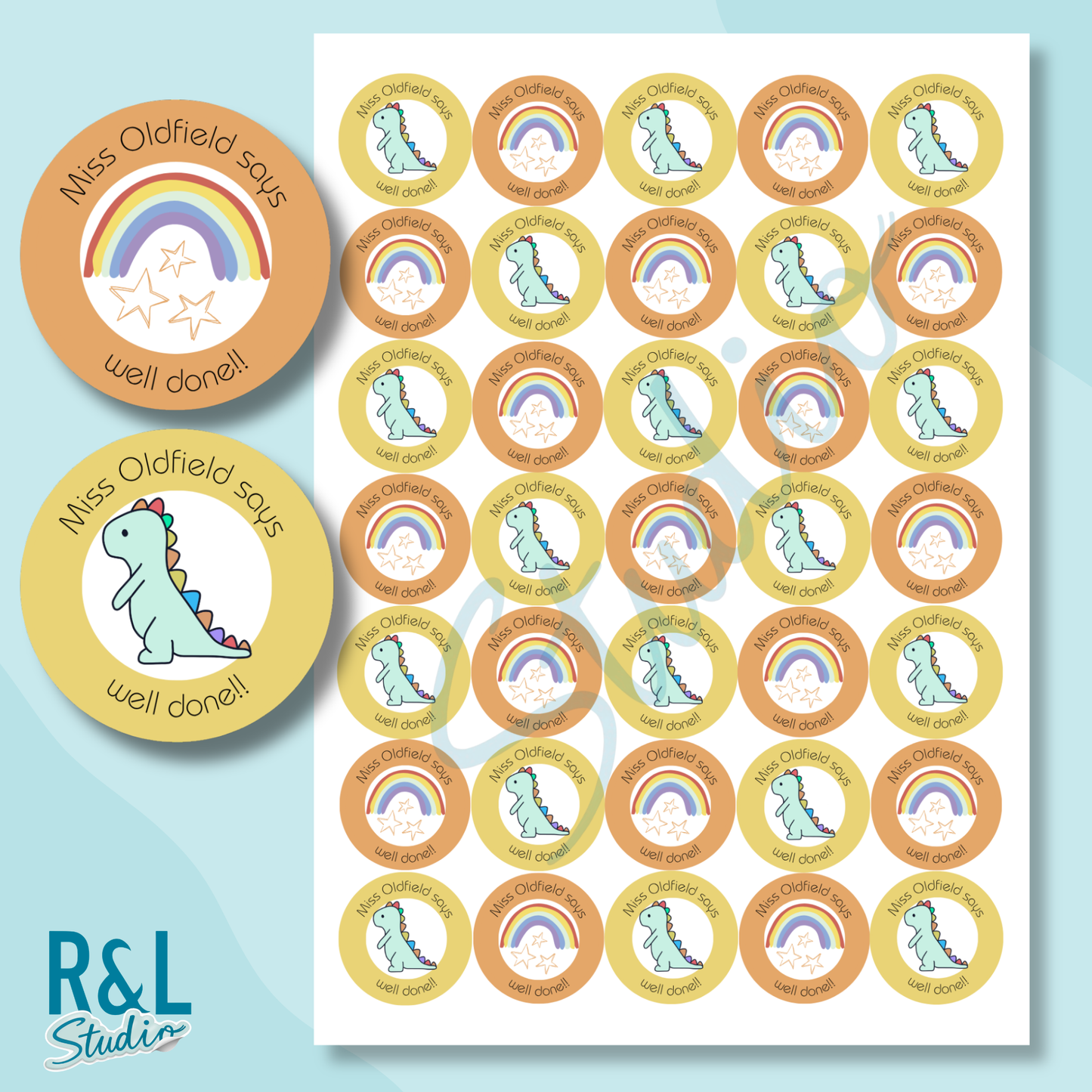 Dino and rainbow teacher stickers