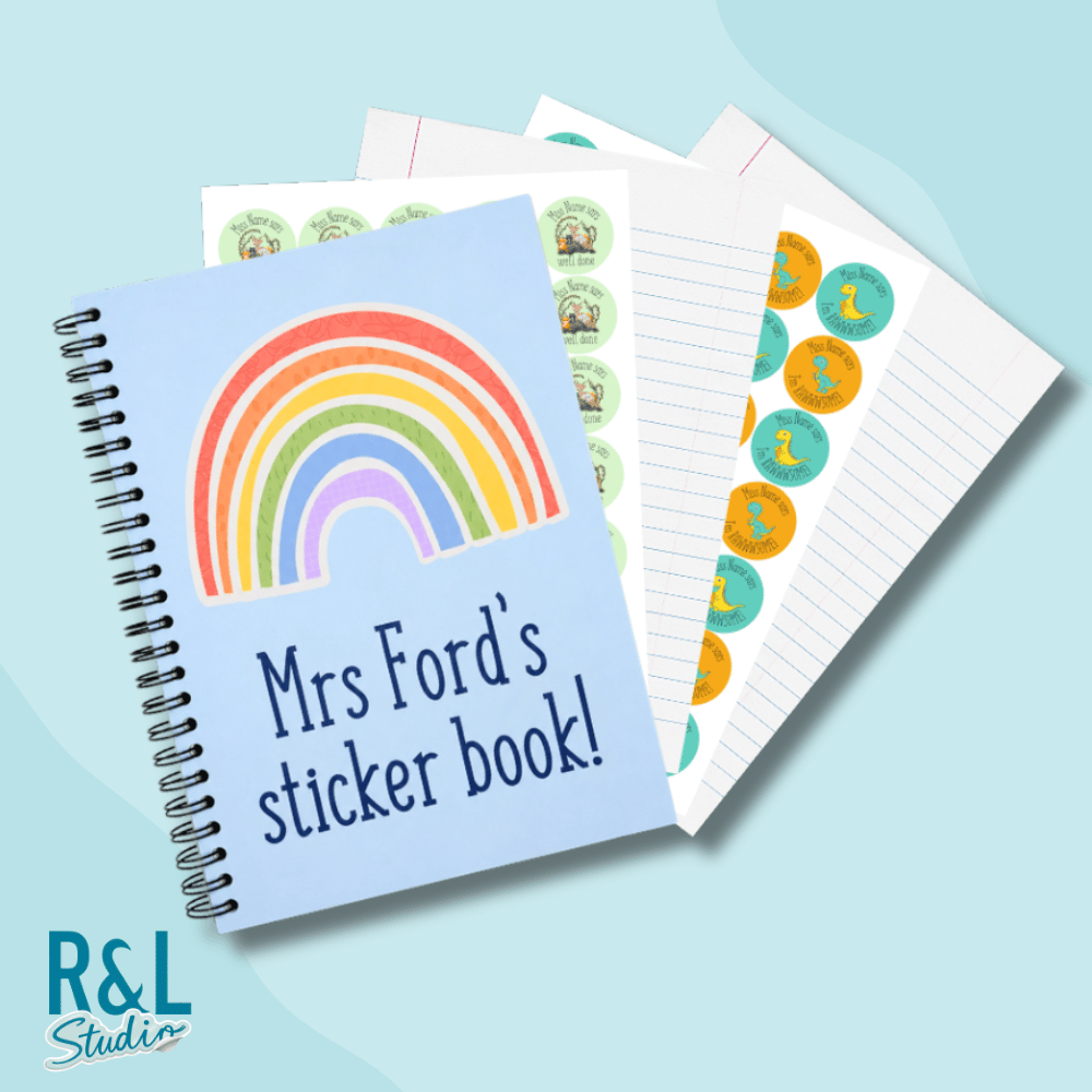 Personalised Rainbow Teacher Sticker Book & Notebook