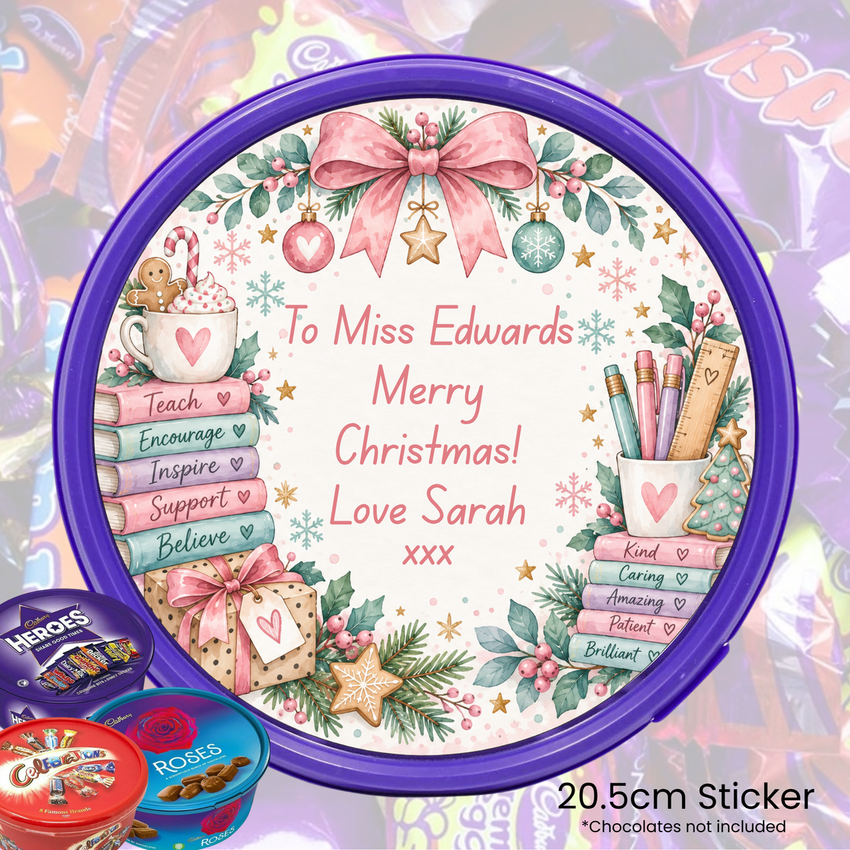 A round personalized Christmas-themed sticker shown in a purple tin-like frame, with festive illustrations including a pink bow, ornaments, holly leaves, books, a mug with a hot chocolate heart, and the text 'To Miss Edwards Merry Christmas! Love Sarah xxx'. Small candy tins appear at the lower left, and text at the bottom right reads '20.