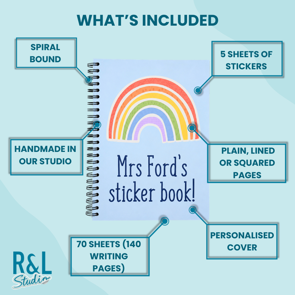 Personalised Rainbow Teacher Sticker Book & Notebook