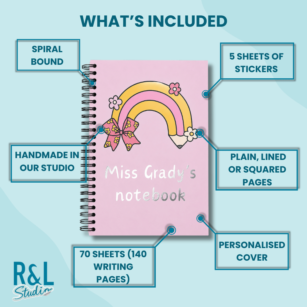 Personalised Rainbow Pencil Teacher Sticker Book & Notebook
