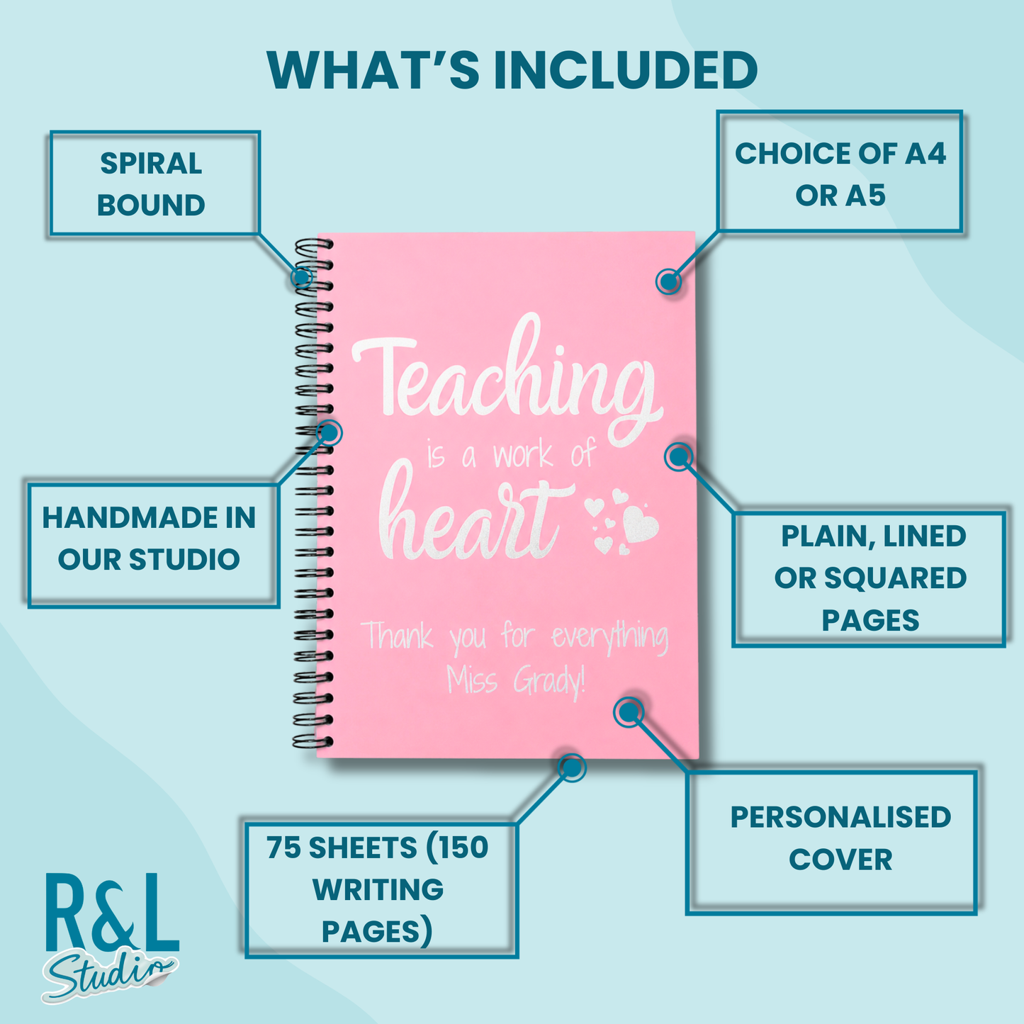 Personalised "Teaching is a Work of Heart" Wirebound Notebook